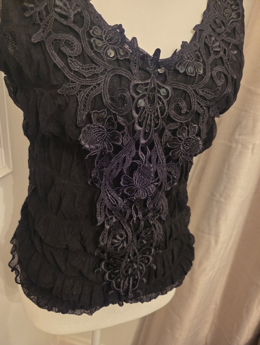 Y2K George Mesh Black Embroidered Lace Whimsigoth Stretchy Top